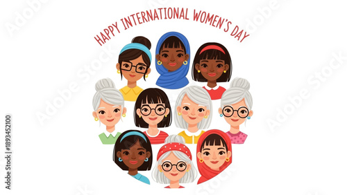 Diverse Cartoon Women Faces International Womens Day.