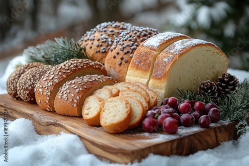 Bread and cranberries on wooden cutting board.