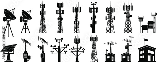 Telecommunication tower and antenna silhouette collection, radio, satellite and wireless communication equipment, black vector illustration set, isolated on white background