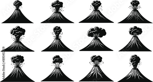 Volcano eruption silhouette icon set, black volcanic explosion illustrations, lava mountain symbols, geology disaster hazard vector collection isolated on white background