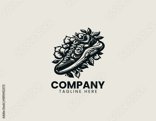 Sneaker shoe logo combines street fashion footwear with floral decoration in clean vector style
