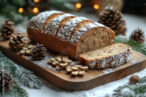 Loaf of bread with nuts and pine on wooden cutting board.