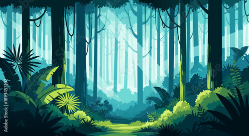 Enchanting vector illustration of a lush green forest with sunbeams filtering through the trees, creating a magical atmosphere