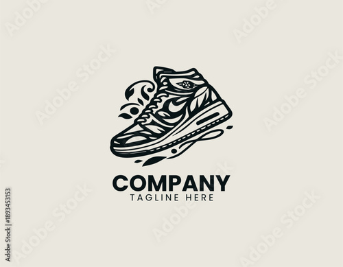 Sneaker shoe logo combines street fashion footwear with floral decoration in clean vector style