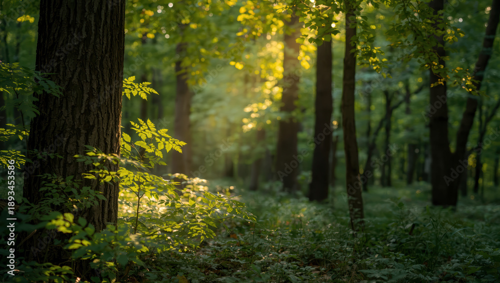 Fototapeta premium Lush green forest sunlight filtering through oak trees creating tranquil mood