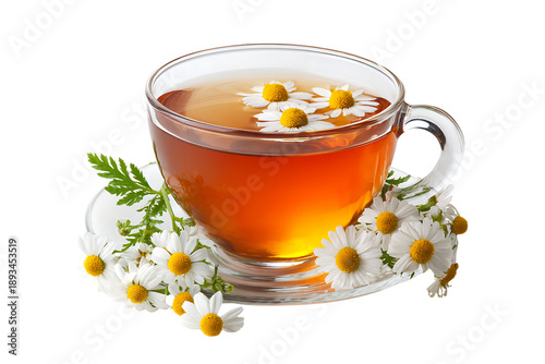Soothing Chamomile Herbal Tea in a Glass Cup with Fresh Flowers, isolated on a transparent background.