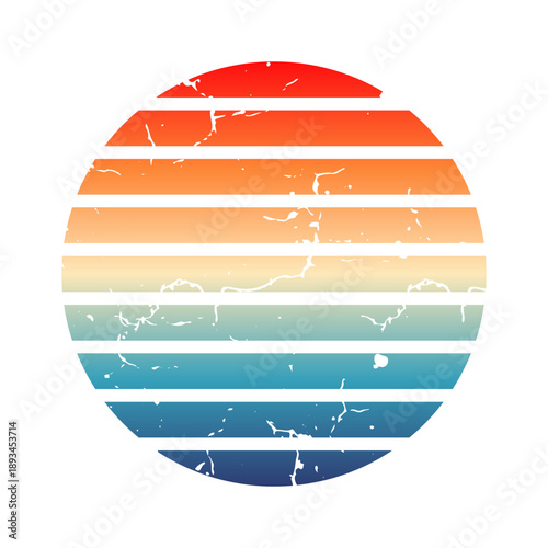 Vintage colorful sunset. Striped gradient sunrise badge in 80s and 90s style. Sun and ocean view, summer vibes, surfing. Design element for print, logo or t-shirt. Vector illustration