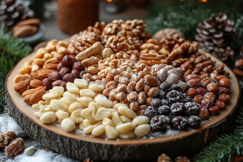 Wooden bowl filled with assorted nuts.