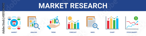 Market Research web banner icon set collection solid style.