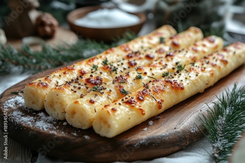 Piece of bread on wooden plate.