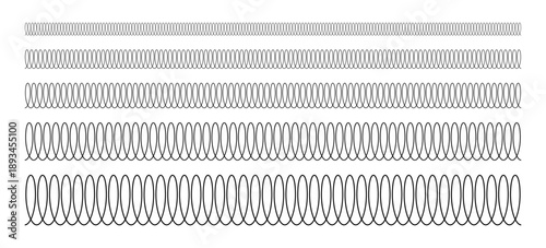 Spiral spring line set. Metal wire coil spring icon collection. Thin zigzag waves symbol. Flexible coil shapes. Loop line seamless pattern. Vector illustration isolated on white background. 