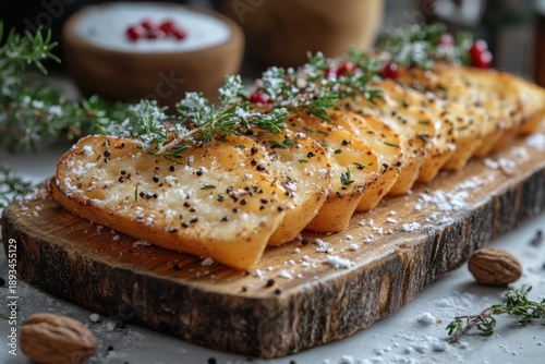 Bread and nuts on wooden board.