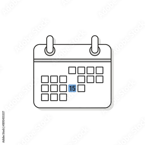 Minimalist black and white line art calendar icon highlighting the fifteenth day, representing important dates, event planning, and time management for web design and mobile applications