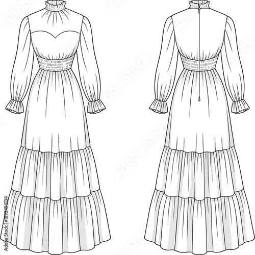 Women ruffle neckline maxi dress, cad drawing, flat vector illustration, technical fashion dress front back view outline garment template