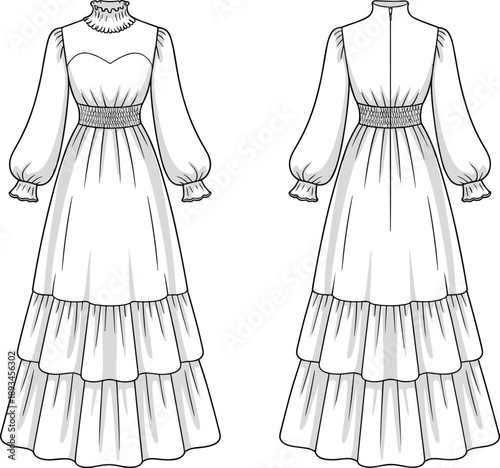 Women vintage style maxi dress, cad drawing, flat vector illustration, technical fashion dress front back view outline garment template