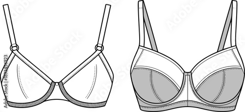 women bra design, lingerie underwear, technical fashion sketch, cad drawing, flat vector illustration, garment construction, apparel design