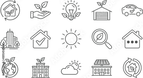 Ecology, Sustainable Business, and Green Energy Line Icons Set, Environmental Protection, Renewable Power, Conservation, and $\text{CO}_2$ Cycle Concepts, Editable Vector.