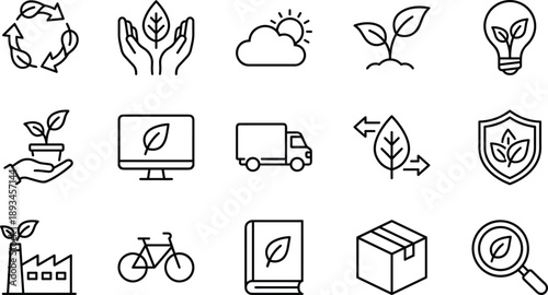 Ecology, Renewable Energy, and Environmental Protection Line Icons Set, Climate Change, Green Industry, Recycling, and Conservation Concepts, Editable Vector.