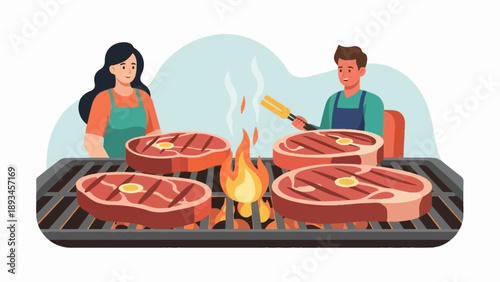 Couple grilling steaks on a barbecue, enjoying outdoor cooking together
