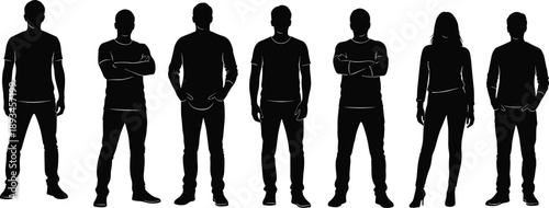 Diverse group of casual people silhouettes; men and women standing, arms crossed, young adults, simple black vector on white.