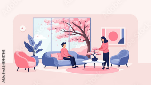 Couple enjoying a peaceful room with a cherry blossom tree view