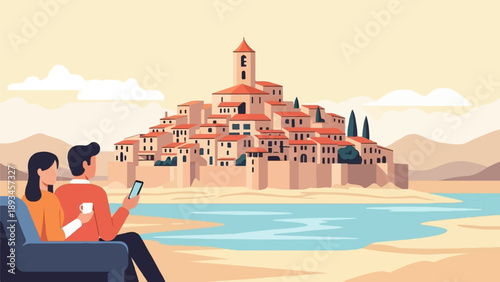 Couple enjoying a scenic view of a hillside town by the water