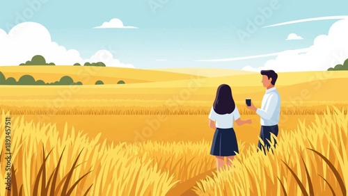 Couple enjoying drinks amidst a golden wheat field under a cloudy sky