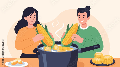 Couple enjoying freshly boiled corn on the cob, a healthy meal