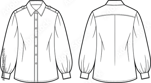 Women epaulette long sleeve shirt, cad drawing, flat vector illustration, technical fashion blouse front back view outline garment template