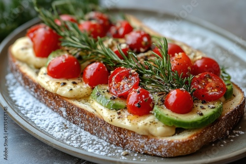 Plate with tomato and avocado on bread.
