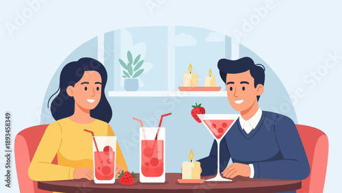 Couple enjoys romantic evening with cocktails and candlelight in a cozy setting