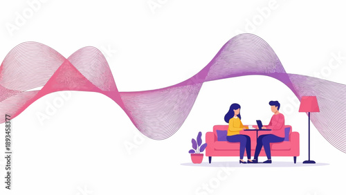 Couple on sofa working on laptops with abstract waves overhead