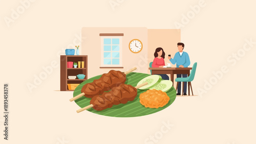 Couple enjoys skewers with cucumber and rice at a table