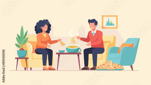 Couple enjoys steaming soup and flatbread indoors