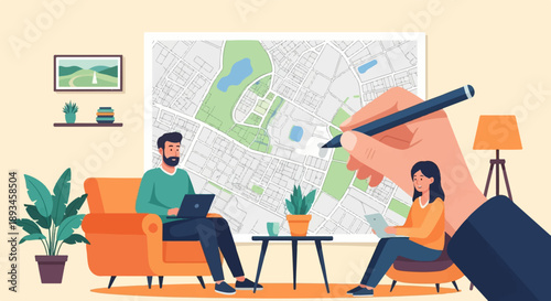 Couple planning a trip by studying a city map and using laptops