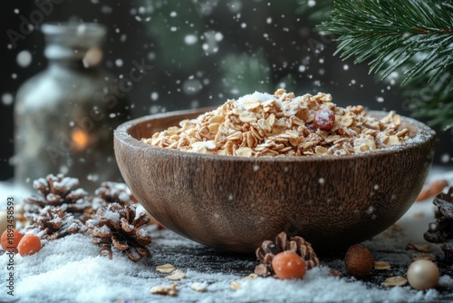 Bowl of granola with nuts and fruits.