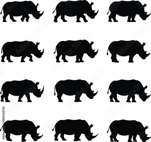 Rhinoceros silhouette set wild animal walking grazing side view poses isolated black vector illustration collectionRhinoceros silhouette