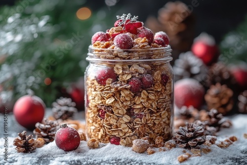 Jar filled with granola, topped with nuts.