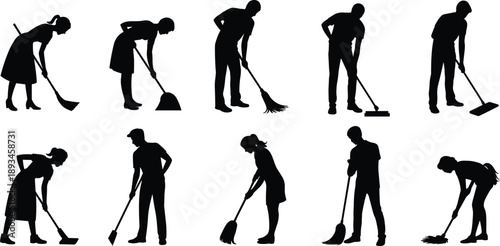 Cleaning worker silhouette set people sweeping mopping floor janitor housekeeping poses isolated black vector illustration