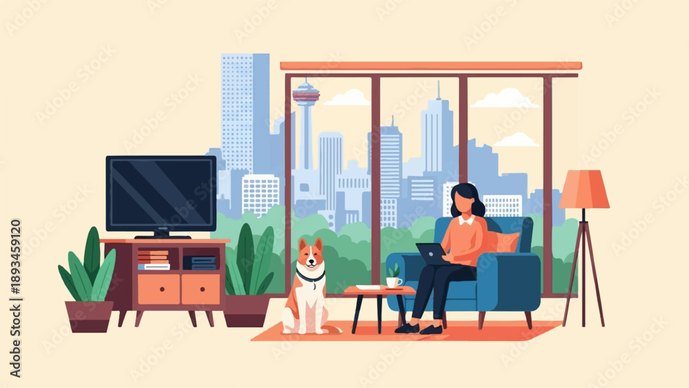 Fototapeta premium Cozy apartment with dog, woman working on laptop, cityscape view