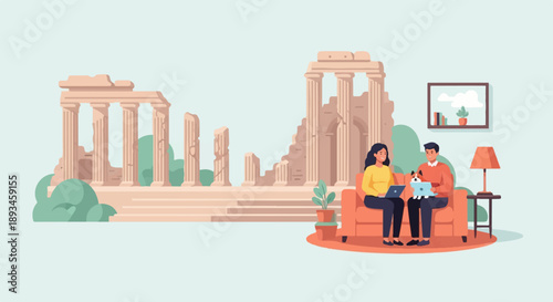 Couple with dog and laptops on couch, ancient ruins backdrop
