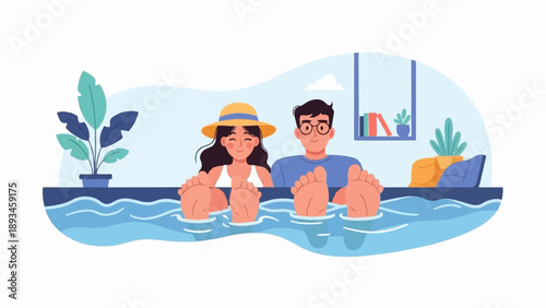 Couple relaxing in a bathtub with plants and books visible