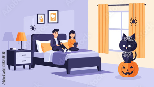 Couple relaxing in a bedroom decorated for Halloween with a cat