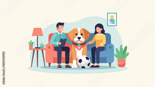 Couple with dog and soccer ball relaxing on sofa indoors