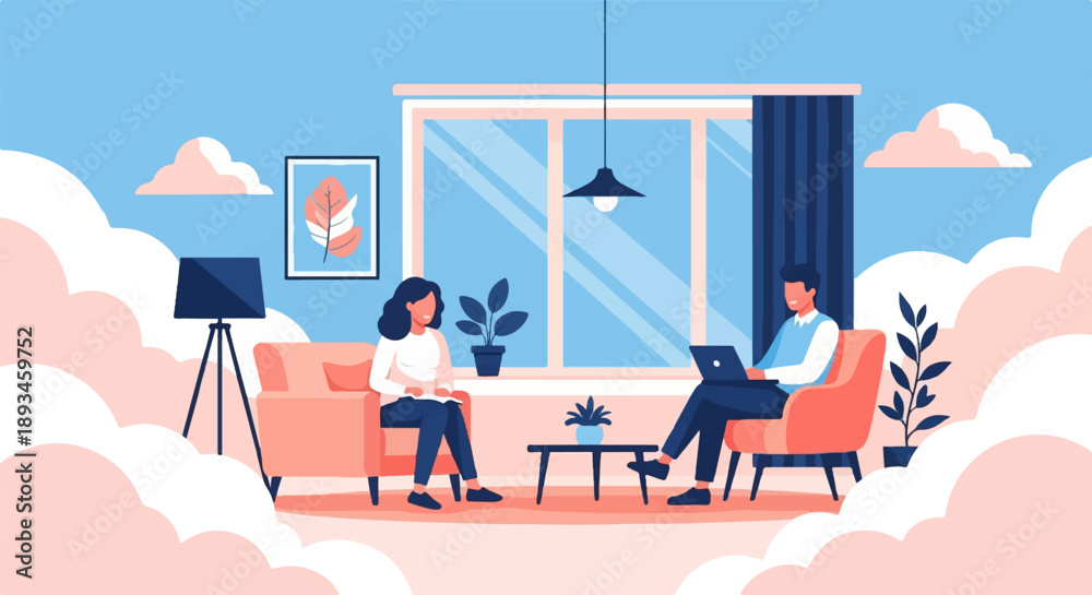 Naklejka premium Couple relaxing indoors, one reading, other using laptop, fluffy clouds