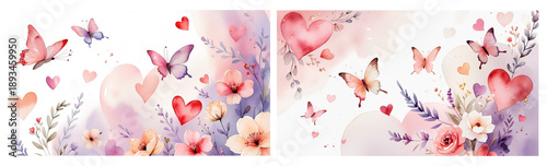 Watercolor Butterflies and Hearts with Floral Elements on Soft Background for Valentine’s Day Cards, Wedding Invitations, Romantic Prints and Love-Themed Designs.