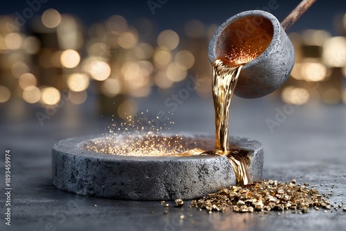 Molten gold pouring into mold with gold nuggets on metallic background