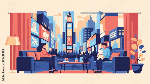 Cozy indoor scene with people, cat, and city lights