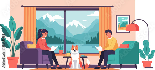 Cozy indoor scene with people, pet, and mountain lake view