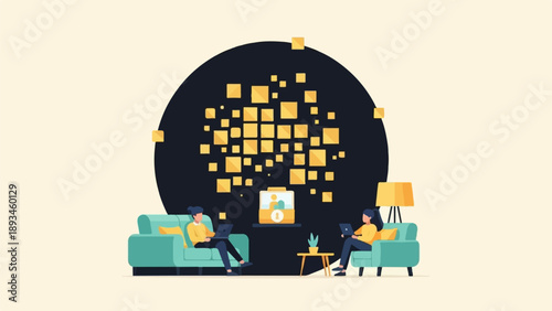 Cozy indoor scene with two individuals using laptops and a symbolic data cloud
